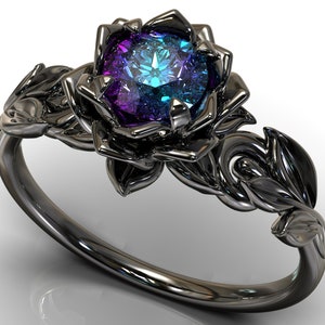 Black Gold Alexandrite Engagement Ring / June Birthstone Ring / Black Gold Ring / Gothic Rings For Women / 14k Alexandrite Ring