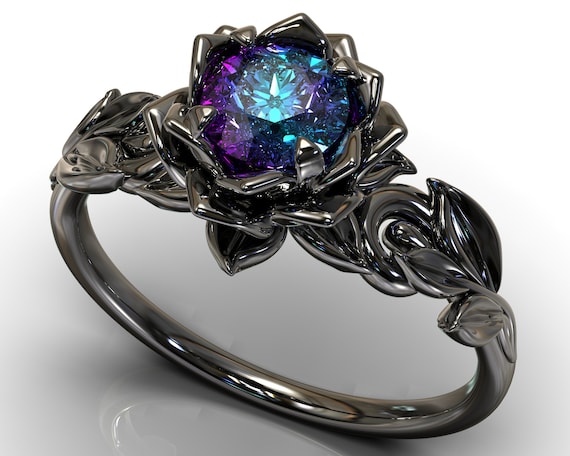 Black Gold Alexandrite Engagement Ring June Birthstone Ring Black Gold Ring Gothic Rings For Women 14k Alexandrite Ring