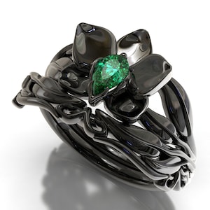 Smaragd Verlobungsring Schwarz Gold Ring Smaragd Blatt Ring Orchidee Blume Verlobungsring 14k Schwarzgold