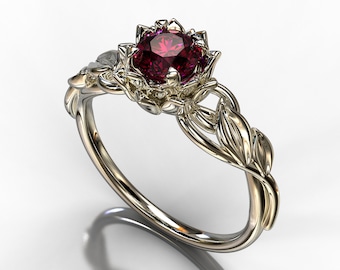 Ruby Engagement Ring, Nature Inspired Engagement Ring, Floral Ring Red, Ruby Leaf Ring, Ruby Flower Ring, Ruby Solitaire Ring, Ruby Ring 14K