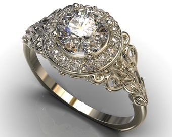 Moissanite Flower Engagement Ring / Nature Inspired Engagement Ring / Unique Vintage Style Engagement Ring / White Gold Ring / Forever One