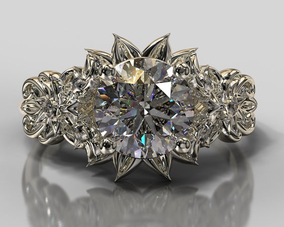 Antique Diamond Rings, Art Deco Engagement Ring, Herkimer Diamond Ring, Flower Ring, Diamond Engagement Ring