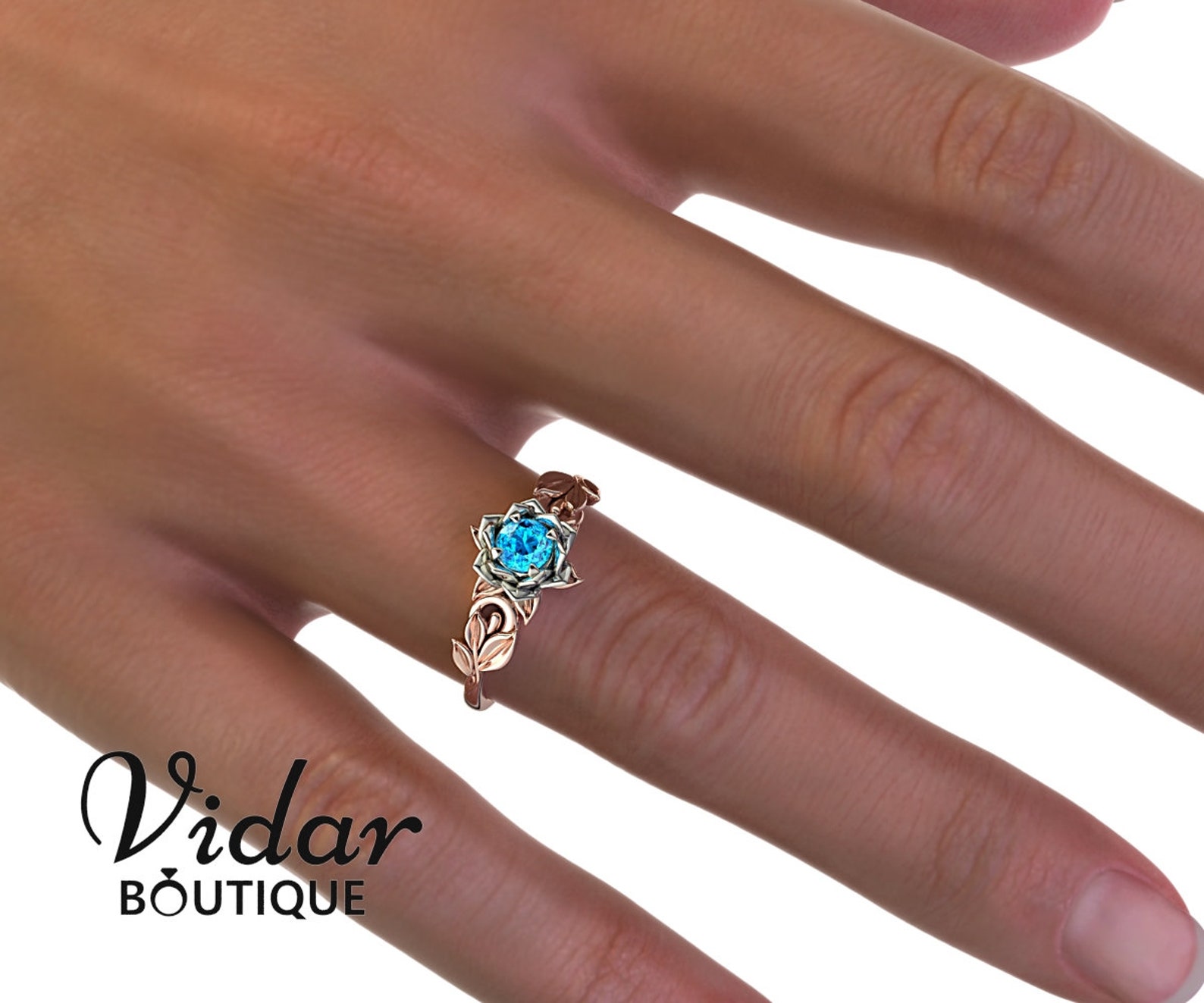Flower Ring Leaf Ring Nature Engagement Ring Blue Topaz Etsy
