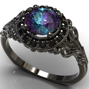 Black Gold Alexandrite Engagement Ring / Dark Engagement Ring / Black Gold Ring / Gothic Rings For Women / Color Changing Gemstone Ring