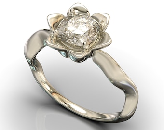Flower Engagement Ring Unique Engagement Ring diamond Engagement Ring cushion Diamond  Engagement Ring lotus floral White gold Vintage Ring