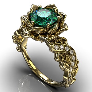 Emerald Gold Engagement Ring / Nature Inspired Ring / Gold Engagement Ring / Flower Engagement Ring / Twig Leaf Ring / Emerald Gold Ring