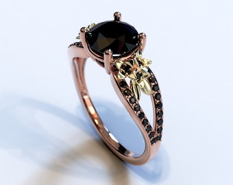 Anillo De Oro De 14 K, Oro Amarillo, Diamantes Negros, Anillo Para