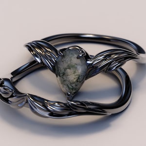 Moss Agate Engagement Ring Set / Art Deco Engagement Ring /  Black Gold Moss Agate Ring / Gothic Wedding Ring Set / Twig Engagement Ring