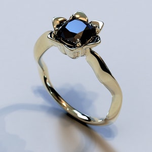 Flower Engagement Ring Unique Engagement Ring Black diamond Engagement Ring cushion Black Diamond Ring lotus floral Yellow gold Ring Vintage