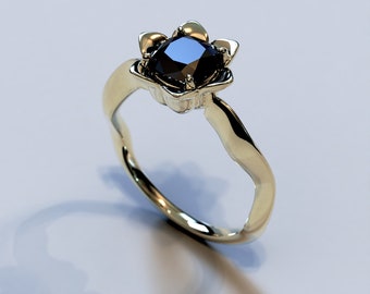 Flower Engagement Ring Unique Engagement Ring Black diamond Engagement Ring cushion Black Diamond Ring lotus floral Yellow gold Ring Vintage