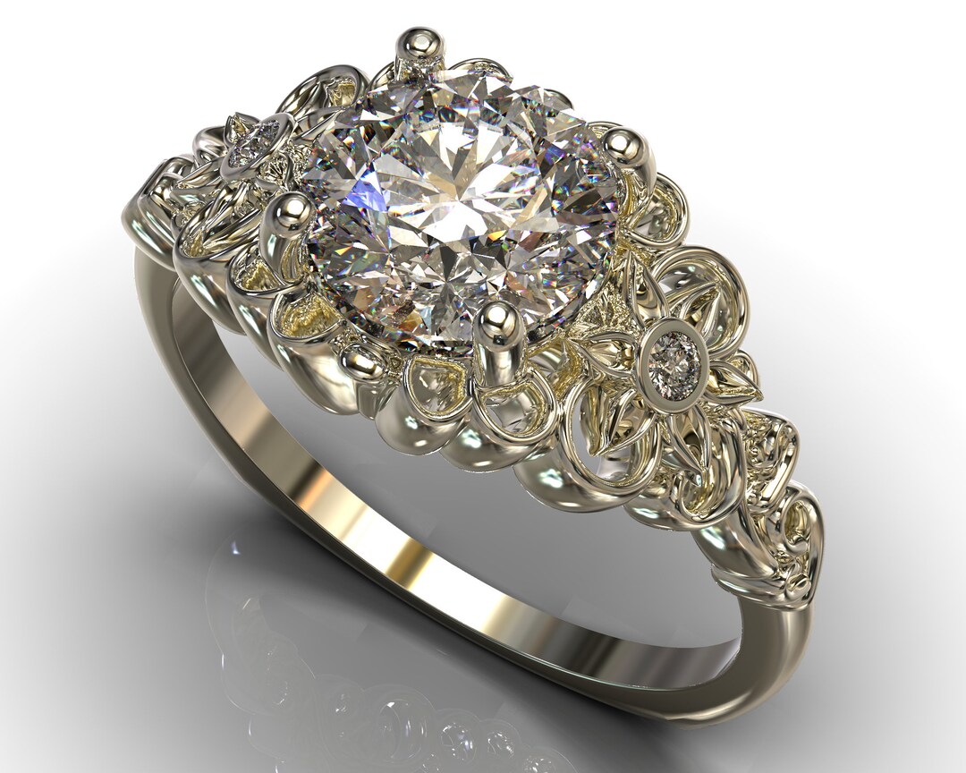 Unique Flower Rings Moissanite Engagement Ring / White Gold Engagement Ring / Unique Flower ...