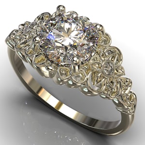Moissanite Engagement Ring / White Gold Engagement Ring / Unique Flower Ring / Nature-Inspired Engagement Ring / Unique Ring