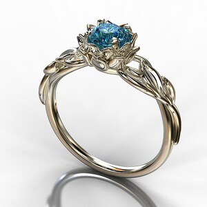 Fancy Blue Diamond Engagement Ring, White Gold Ring, Leaf Engagement Ring, Lotus Ring