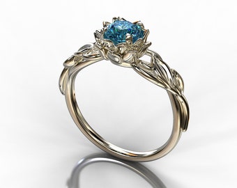 Fancy Blue Diamond Engagement Ring, White Gold Ring, Leaf Engagement Ring, Lotus Ring
