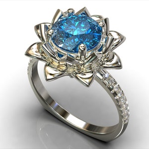 Ice Sapphire Flower Ring / Unique Engagement Ring / Flower Engagement Ring / Lotus Engagement Ring / Leaf Engagement Ring / Floral Ring