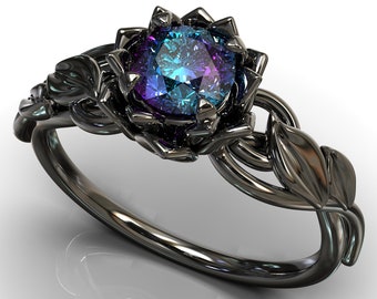Alexandrite Ring, Alexandrite Engagement Ring, Lotus Engagement Ring, Black Engagement Ring, Leaf Engagement Ring