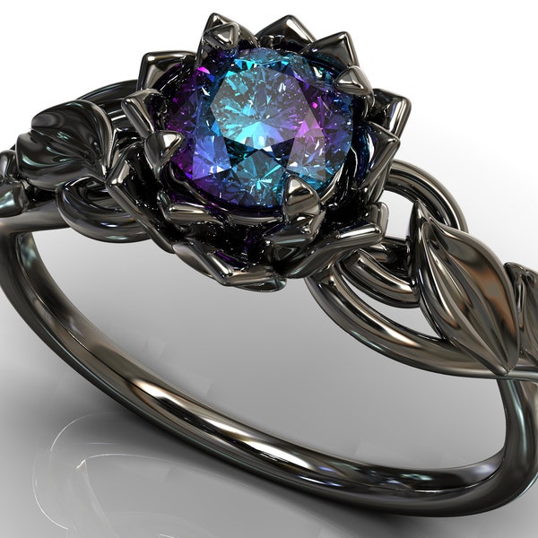 Alexandrite Ring, Alexandrite Engagement Ring, Lotus Engagement Ring, Black Engagement Ring, Leaf Engagement Ring