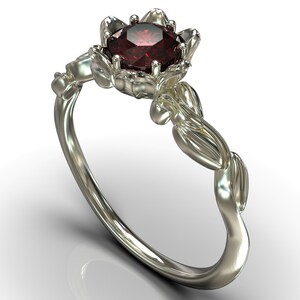 Ruby Engagement Ring / White Gold Engagement Ring / Floral Design Womens Ring / Unique Flower Engagement Ring / Red Ruby Leaf Ring