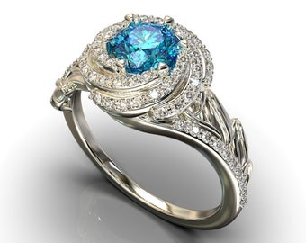 Blue Diamond Engagement Ring,Unique Engagement Ring,Flower Engagement Ring,Leaves Engagement Ring,Halo Engagement Ring,Floral Ring,Vintage