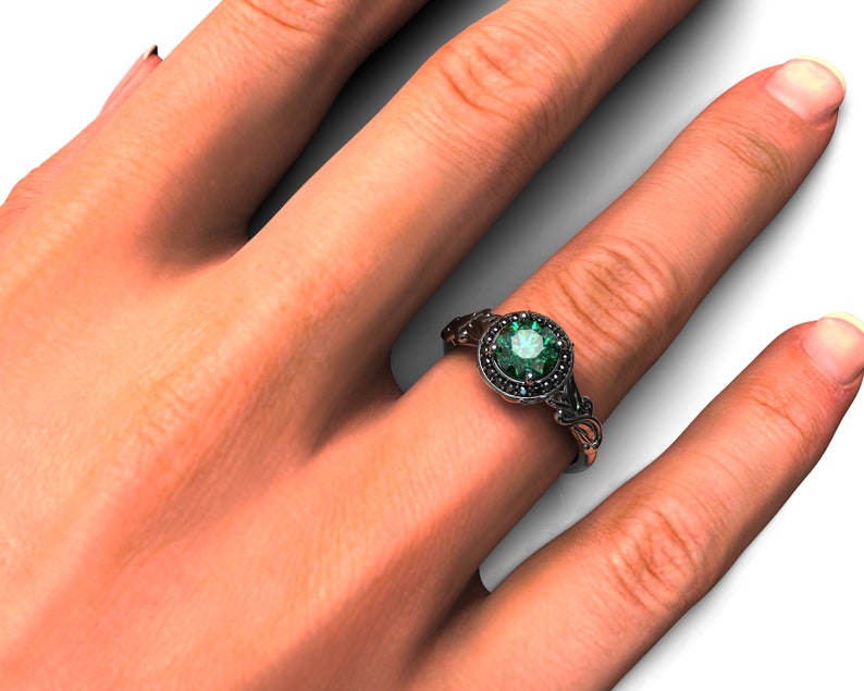Black Gold Floral Engagement Ring / Emerald Engagement Ring / Etsy