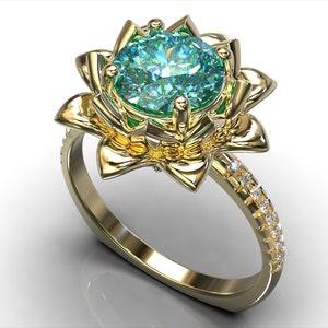 Aquamarine Engagement Ring,Unique Engagement Ring,Flower Engagement Ring,Lotus Engagement Ring Ring,Leaves Engagement Ring,Floral Engagement