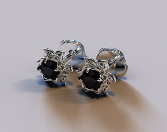 14K White Gold With Black Diamond With  Earrings / Diamond Flower Earrings / Lotus Earring / Black Goth Earrings / 10th Anniversary Gift
