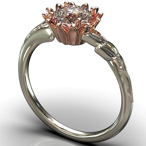 Diamond Engagement Ring / Two Tone Engagement Ring / Solitaitre Engagement Ring / Flower Engagement Ring / Nature Inspired Ring / Leaf Ring