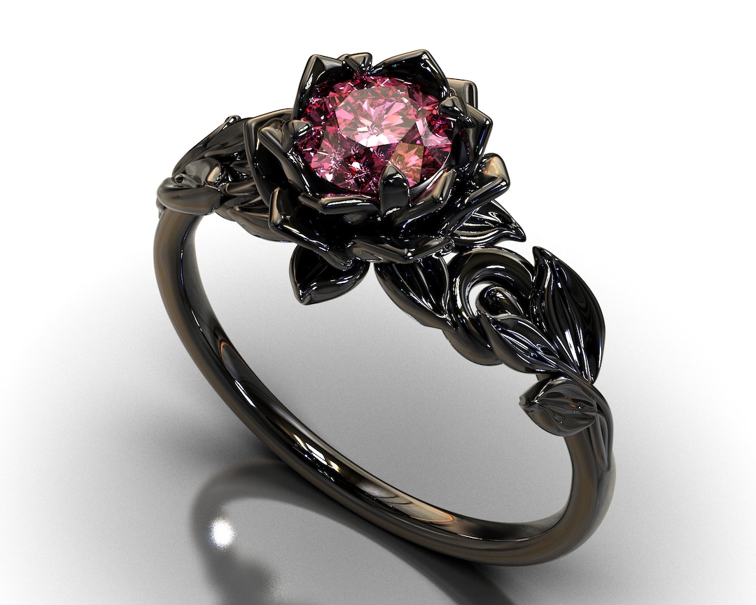 Black Gold Pink Moissanite Flower Wedding Ring Set │Vidar Boutique