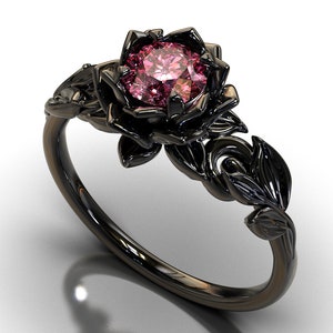 Black Gold Ring Pink Sapphire, Pink Sapphire Ring, Pink Sapphire Engagement Ring, Flower Ring Pink Stone