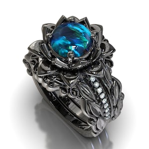 Black Opal Ring, Black Opal Engagement Ring, Natural Opal Ring, Opal Diamond Ring, Black Gold Ring