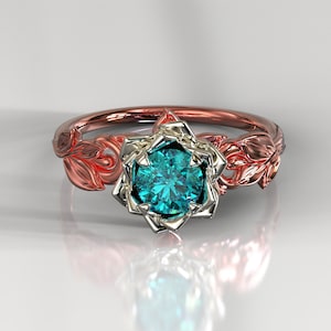Montana Sapphire Engagement Ring / Teal Sapphire Ring / Teal Blue Sapphire Ring / Blue Green Sapphire Flower Ring / Leaf Ring