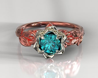 Montana Sapphire Engagement Ring / Teal Sapphire Ring / Teal Blue Sapphire Ring / Blue Green Sapphire Flower Ring / Leaf Ring