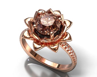 Morganietring, ring roségoud en morganiet, verlovingsring bloem, lotusverlovingsring, verlovingsring bladeren, verlovingsring bloemen