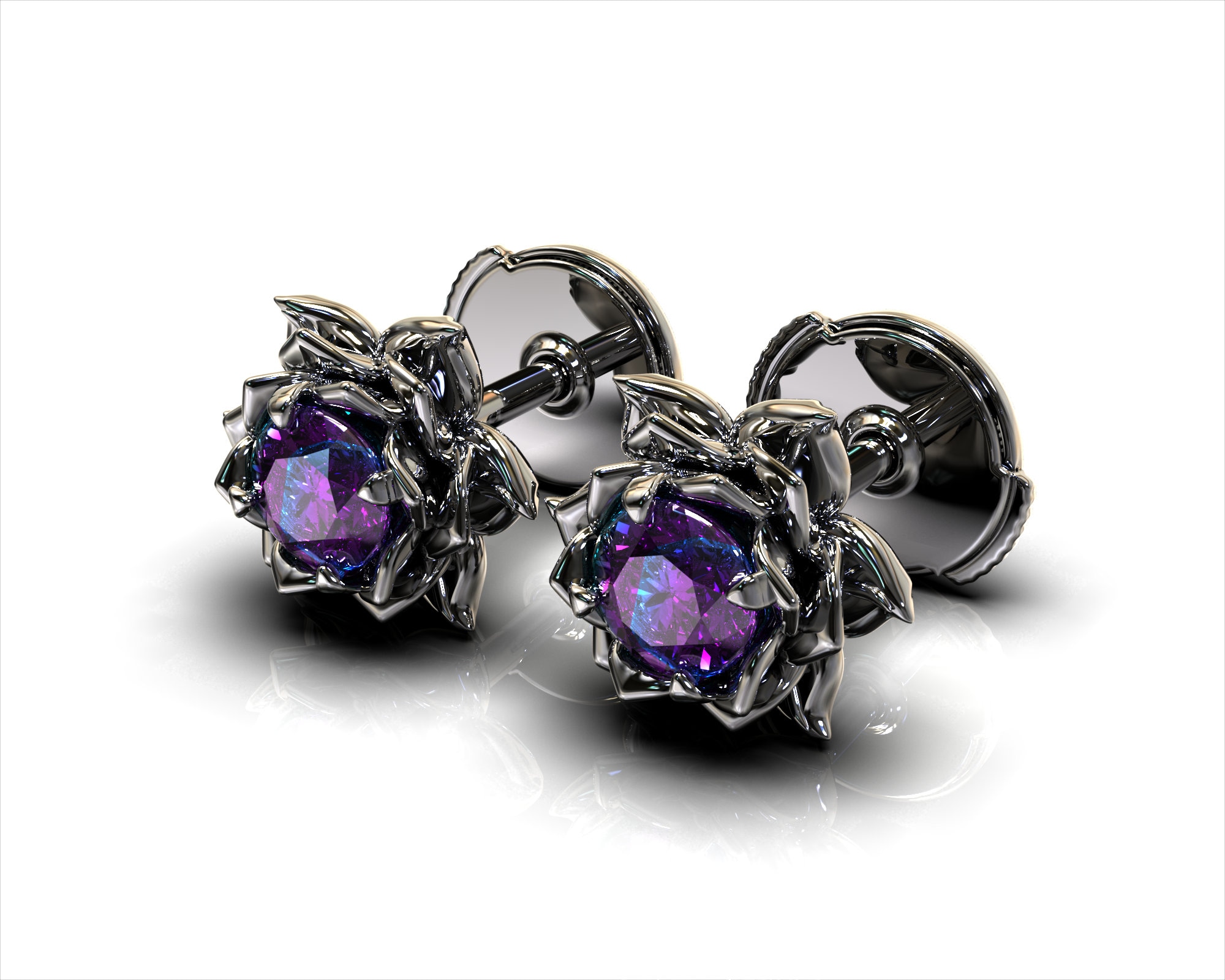 Alexandrite Earrings / Lotus Earrings / Lab Created Alexandrite / Purple Goth Earrings / Black Goth Earrings / Solid Gold Earrings / For Her