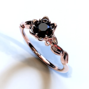 Rose Gold Flower Ring / Unique Engagement Ring / Nature Inspired Engagement Ring / Black Diamond Engagement Ring / Leaf Engagement Ring