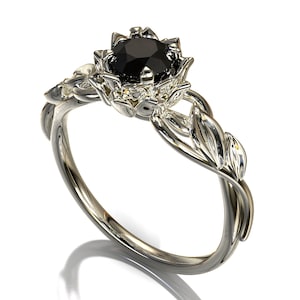 Black Diamond Engagement Ring, Flower Engagement Ring, Black Diamond Ring, Floral Ring, Leaves Ring, Leaf Ring Diamond, Black Diamond Leaf