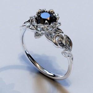 Black Diamond Engagement Ring, Lotus Engagement Ring, Leaves Engagement Ring, Black Diamond Ring, Leaf Ring, Floral Engagement Ring