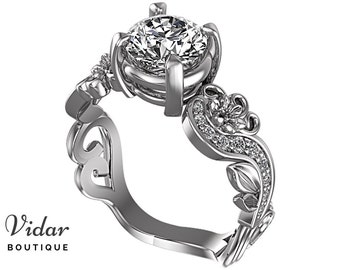 Moissanite Engagement Ring, Unique Flower Engagement Ring, Forever One Moissanite , Lotus Ring, Vintage Ring, Leaves Engagement Ring, Fine