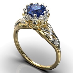 Blue Sapphire Flower Ring, Gold Sapphire Ring, Sapphire Engagement Ring, Sapphire Ring, Nature Inspired Ring, Lotus Flower Ring