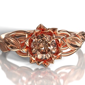 Morganite Ring Rose Gold, Flower Engagement Ring, Unique Engagement Ring, Unique Lotus Ring, Rose Gold Ring, Leaf Engagement Ring