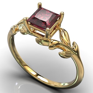 Ruby Engagement Ring / Leaf Engagement Ring / Red Ruby Yellow Gold Ring / Women&#39;s Engagement Ring / Nature Inspired Ring / Unique Leaf Ring