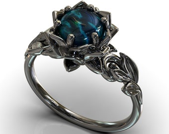 Schwarzer Opal Ring Schwarz Gold, Schwarzer Opal Verlobungsring, Blatt Opal Ring, Natürlicher Schwarzer Opal Ring