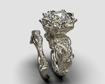 Anillo de flor de diamante, conjunto de anillo de diamante, conjunto de anillo único, conjunto de anillo de flor, conjunto de joyería de hoja, conjunto de anillo de compromiso floral