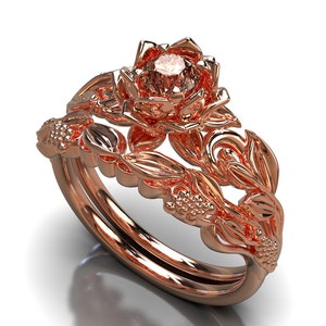 Flower Engagement Ring Set, Rose Gold Morganite Ring Set, Morganite Ring Rose Gold, Unique Engagement Ring, Leaf ring set, Leaves Bridal Set