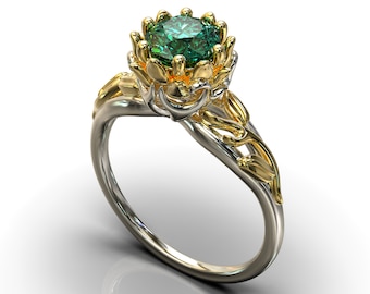 Anillo esmeralda genuino, anillo esmeralda, anillo de compromiso esmeralda, anillo inspirado en la naturaleza, anillo de compromiso de flores, anillo de compromiso único,