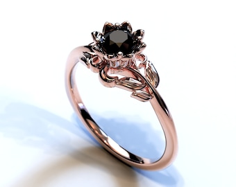Zwarte diamanten verlovingsring / Unieke bloemenring / Verlovingsring roségoud / Op de natuur geïnspireerde ring / Lotus-verlovingsring / Ring met bloemblaadje