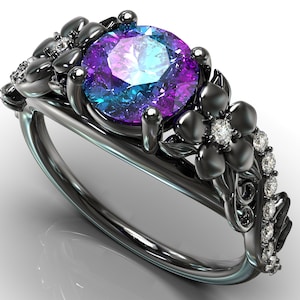 Alexandrite Floral Engagement Ring / Black Gold Feminine Ring / Diamond Engagement Ring / Flower Engagement Ring Design / Unique Womens Ring
