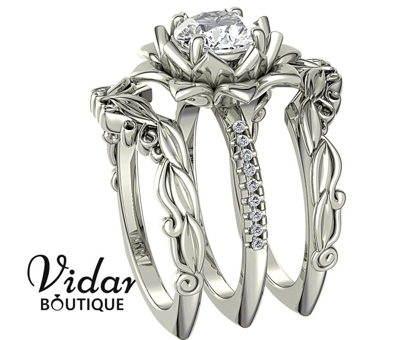 Flower Engagement Ring Wedding Ring Set Diamond Engagement Etsy