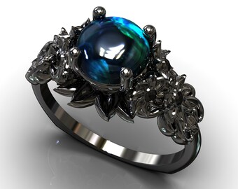 Anillo de compromiso con ópalo negro / Anillo de compromiso con flores / Banda de oro negro para mujer / Anillo de compromiso con hojas / Anillo de compromiso inspirado en la naturaleza