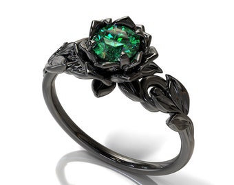 Leaf Engagement Ring, Lotus Ring, Emerald Engagement Ring Women Black, Lotus Flower Ring, Black Flower Ring